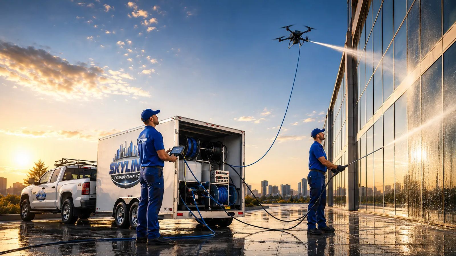 Technician pressure washing a commercial building with a cleaning drone overhead
