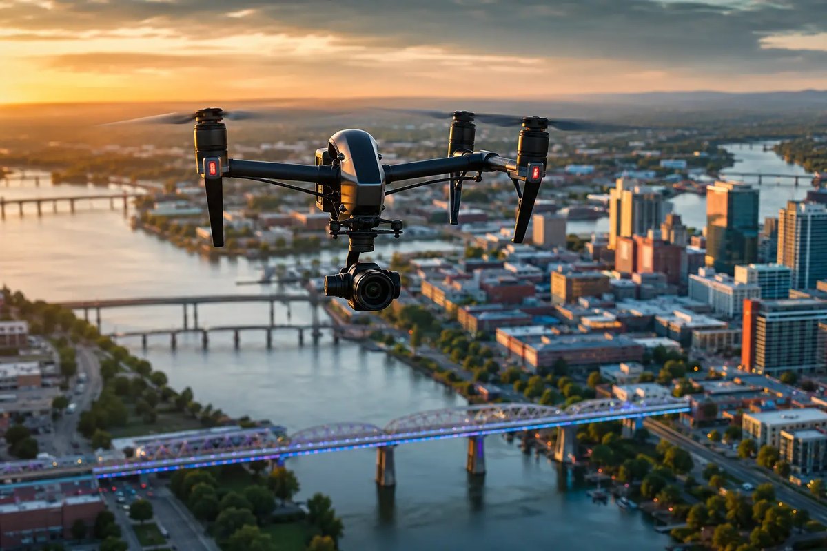 Drone flying over a city skyline at dusk
